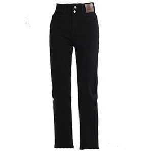 黑色高腰牛仔裤女直筒2025新款加绒小个子显瘦法棍九分烟管裤薄绒