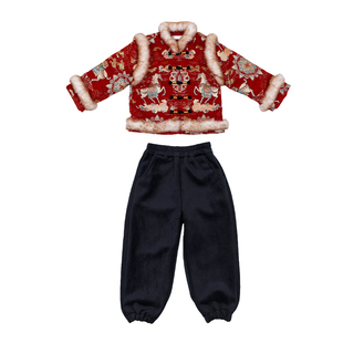 儿童唐装男童拜年服冬装加厚新年装中式国风男孩汉服古风表演服装