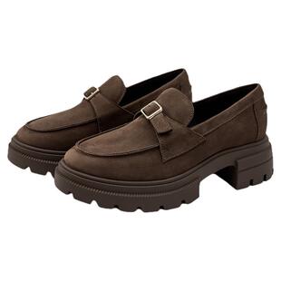 [唐顿乐福]莎莎苏春新款圆头增高复古通勤金属扣绒面乐福鞋配裙子