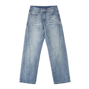 2026年春季新款水洗拼接工装水波纹牛仔裤男美式宽松直筒休闲裤子