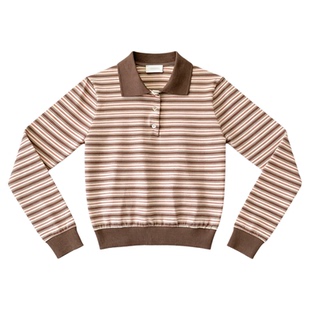sale！减龄学院风粉色POLO衫早秋款韩国东大门拼色条纹长袖上衣女
