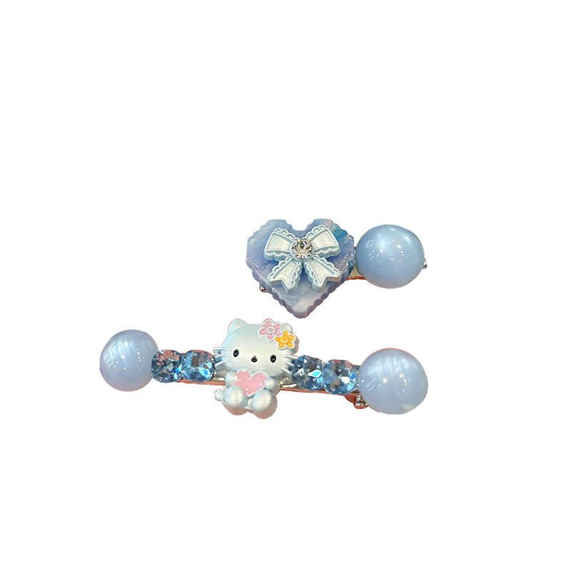 清新蓝色Hello Kitty发夹爱心蝴蝶结水钻边夹少女心鸭嘴夹刘海夹