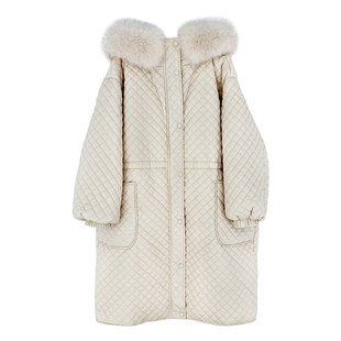 大毛领羽绒服女2026冬季新款连帽菱格收腰显瘦中长款90白鸭绒外套