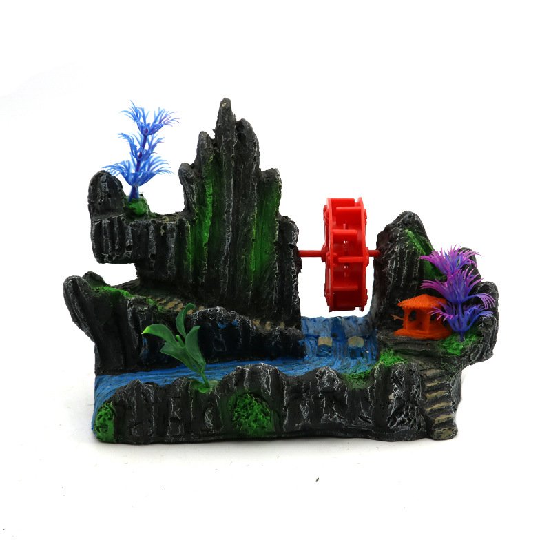 鱼缸装饰仿真树脂水轮风车转动连接山可造景气泵水族箱水车假山