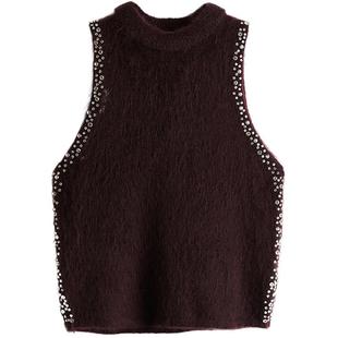 HM女装毛针织衫冬季红色毛衣水钻马海毛羊毛无袖针织上衣1266158