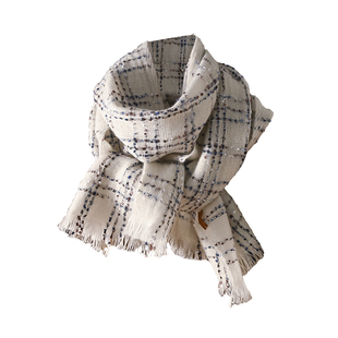 白色小香风100纯山羊绒围巾女款2026新款格子冬季轻奢高级感高端