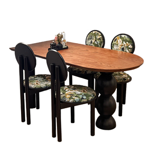 法式中古风实木餐桌小户型复古家用宋式美学靠墙一体椭圆形吃饭桌