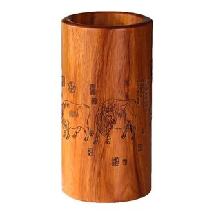 木制实木笔筒教师节礼物定制刻字 中国风木质学生毛笔筒办公室书桌面收纳盒家用创意笔桶轻奢高级感红木摆件
