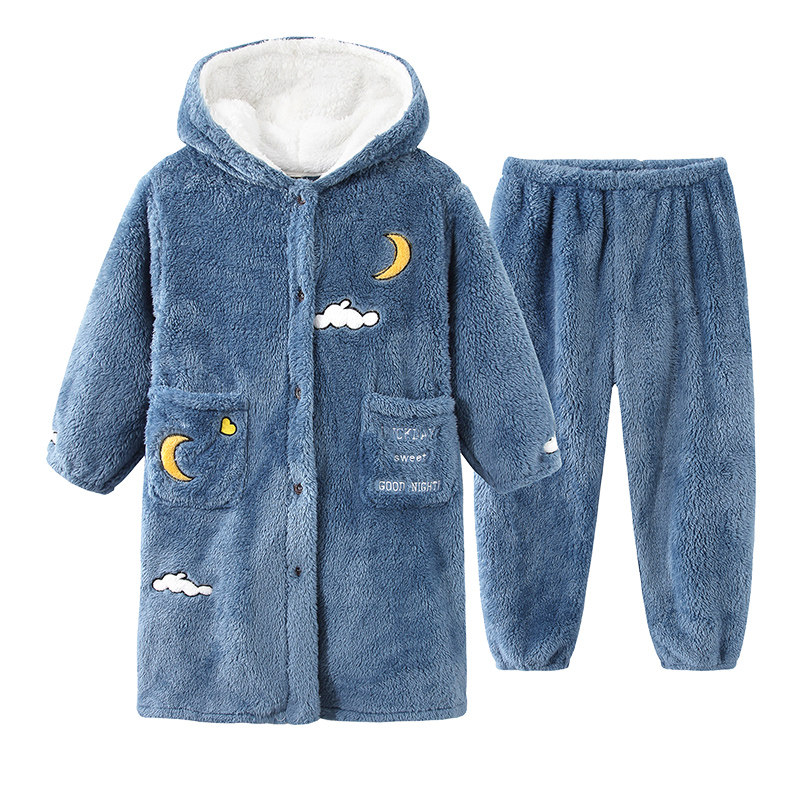 儿童珊瑚绒睡衣秋冬季小孩男童睡袍加厚款法兰绒藏青云朵居服套装