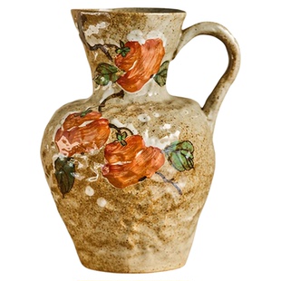 尤马马同款中古风粗陶柿子手绘复古花瓶高级感插鲜花桌面家居花器