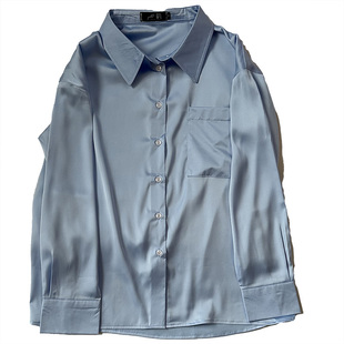 袁泉同款小众设计感浅蓝色桑蚕丝真丝衬衫简约宽松休闲长袖女衬衣