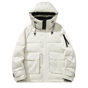 男士米白色羽绒服男短款冬季加厚潮牌2025新款休闲连帽面包服上衣