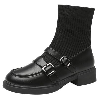 大东袜靴女鞋2025年冬季新款韩版粗跟中跟套脚圆头饰扣D0123