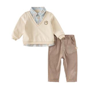 戴维贝拉男童长裤套装2026春秋新款绅士学院风假两件衬衫两件套