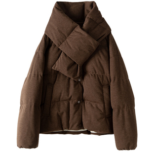 可拆卸围巾小禾2025冬季羊毛牦牛绒混纺90白鹅绒短款羽绒服外套女