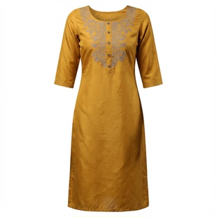 印度传统服饰日常民族风女装刺绣棉混纺春夏款圆领七分袖黄色上衣
