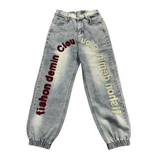 2025秋冬新款今年流行爆款牛仔女裤松紧腰紧脚毛巾绣字母哈伦裤