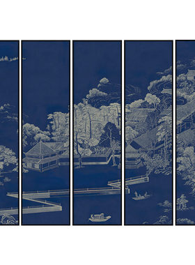 新中式风重彩五联茶室蓝色装饰画