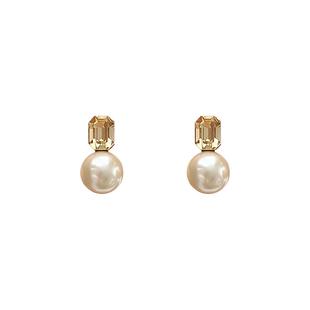 摩卡棕施家珍珠吊坠方形锆石耳环女秋冬轻奢高级感气质耳饰2026