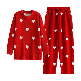 悦内半边绒睡衣女款冬季珊瑚绒加绒保暖加厚毛绒家居服红色本命年