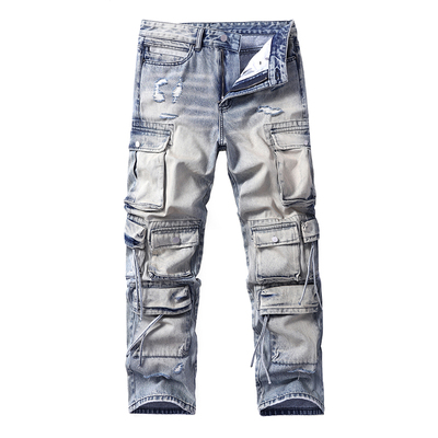 YIUXI原创工装破洞直筒牛仔裤男