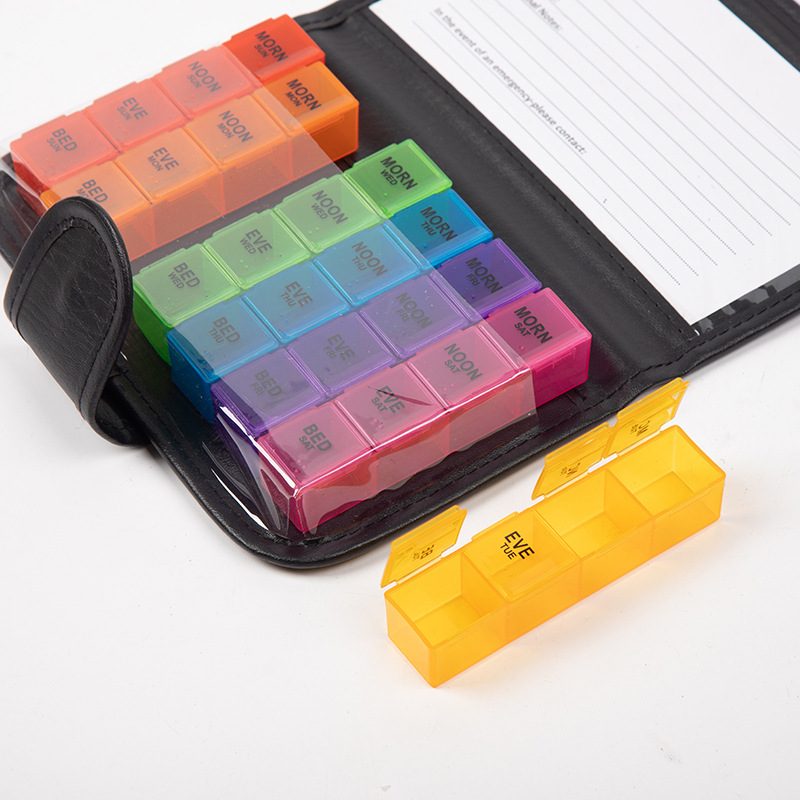 彩色便携一周七天药盒 独立分装28格皮夹药盒密封药丸分格收纳盒