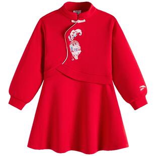安踏儿童裙子女小童针织连衣裙2025春季新款女宝红色长袖国潮裙子