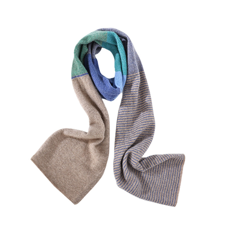 秋冬100%纯山羊绒拼色条纹围巾女