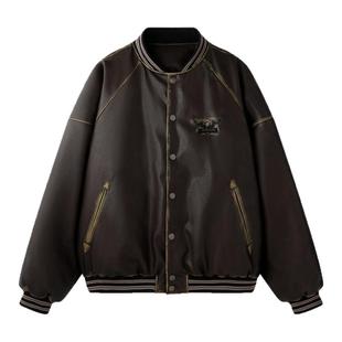 BJHG不计后果机车风90白鸭绒皮羽绒服男女款冬季复古羽绒服棒球服