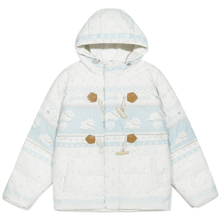 张茗灿同款GUUKA潮牌白色连帽羽绒服男款冬季 小羊满印费尔岛外套