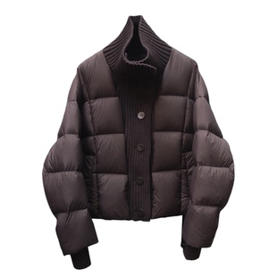 欧洲站2025冬季新款针织拼接大翻领羽绒服女短款加厚白鸭绒外套潮