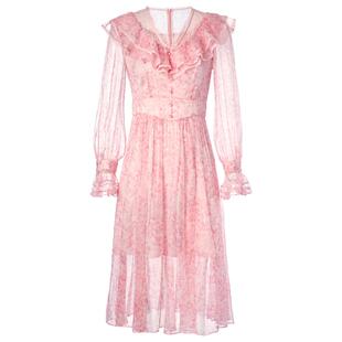 【奥莱】MAXRIENY真丝碎花长裙秋季V领连衣裙A字裙