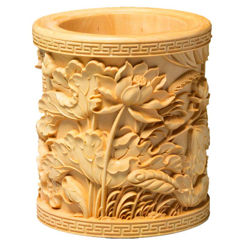 黄杨木雕笔筒 实木中式家居办公书房文玩雕刻工艺品装饰摆件礼品