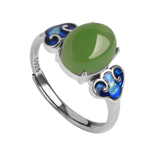 天然和田玉碧玉蛋面纯银珐琅如意戒指女中国风玉石绿宝石食指戒指