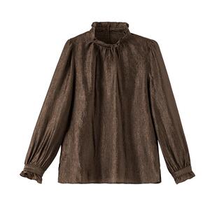 晚白2026春季新款醋酸韩系复古洋气女士衬衣立领优雅通勤衬衫上衣