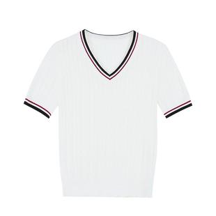 pusumede 昨日浪漫 复古撞色V领麻花短袖T恤女夏季针织衫短款上衣