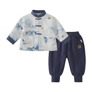 男童春季汉服儿童套装新中式立领长袖印花唐装男宝宝中国风两件套