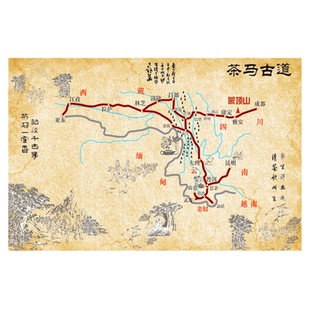 茶马古道地图背景墙纸茶马驿站茶室茶道文化墙布墙面壁画茶庄壁布