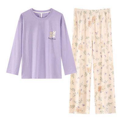 纯棉女长袖卡通可外穿睡衣套装