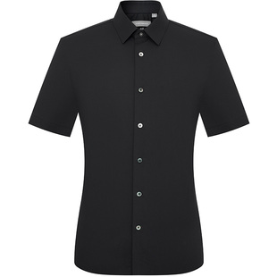 报喜鸟夏季新款男士时尚正装短袖衬衫上衣打底方领衬衣曜石黑男