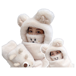 新款小熊帽子三件套加厚加绒护脖围巾手套一体防风防寒骑车带护耳