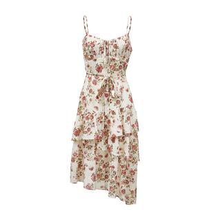 tq区绫致Vero Moda连衣裙女秋冬印花V领A摆蛋糕裙度假风吊带裙