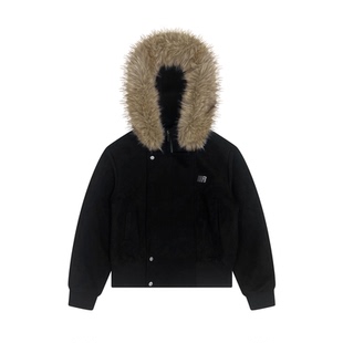 FDR官方店 斜门襟连帽加厚仿麂皮夹克上衣秋冬可拆卸毛领外套女