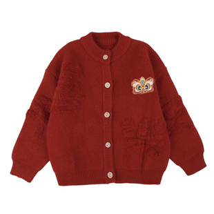 男童拜年服儿童过年衣服新年战袍红色喜庆毛衣国潮风2026冬季新款