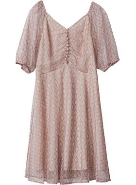 Oece夏装新款女装 复古裙子春V领修身印花连衣裙