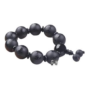 天然黑玛瑙南无阿弥陀佛圆珠手串黑玉髓磨砂六字真言单圈手链