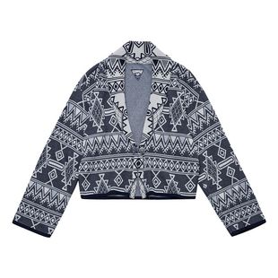 马登复古纳瓦霍西装翻V领老钱风提花针织毛衣开衫薄短款外套女春