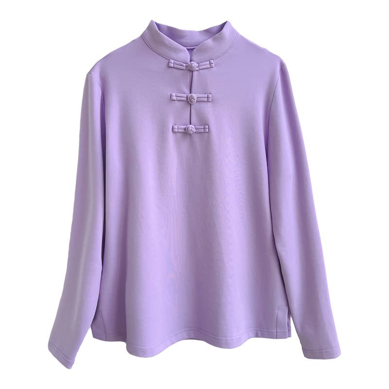 纯棉T恤长袖中式女复古立领上衣衬衫禅衣茶服加厚春季盘扣打底衫