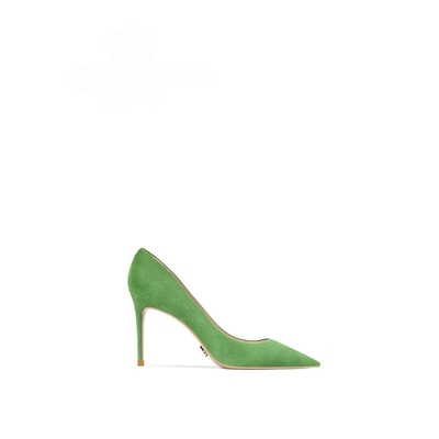 【手工女鞋】磨砂羊皮单鞋女2023年新款个性绿色尖头高跟鞋女细跟