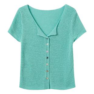 三彩独醒2026春季新款多巴胺针织衫小翻领短袖毛衫修身短款上衣F